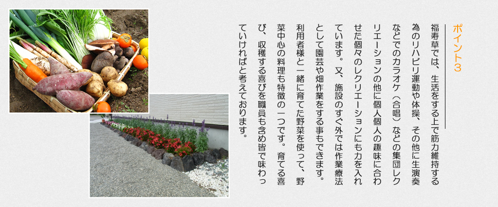 群馬県みなかみ町のデイサービスセンター福寿草です。ポイント3 施設独自の畑と花壇の紹介です。
